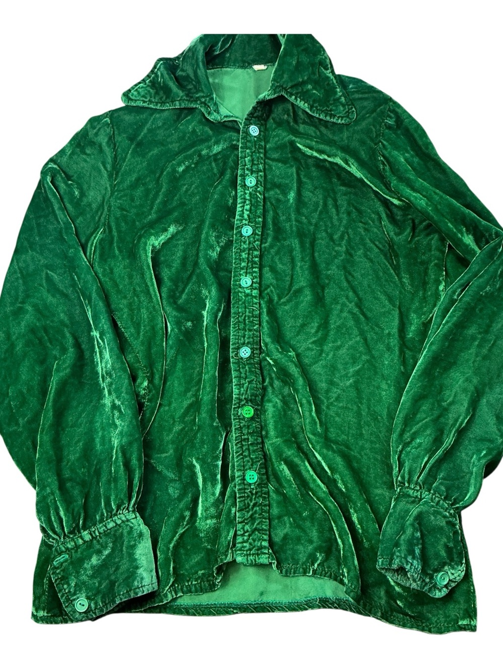 Vintage 60s/70s emerald green crushed velvet button front collared shirt SZ Med